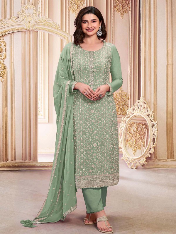 Pista Green Faux Georgette Designer Salwar Kameez